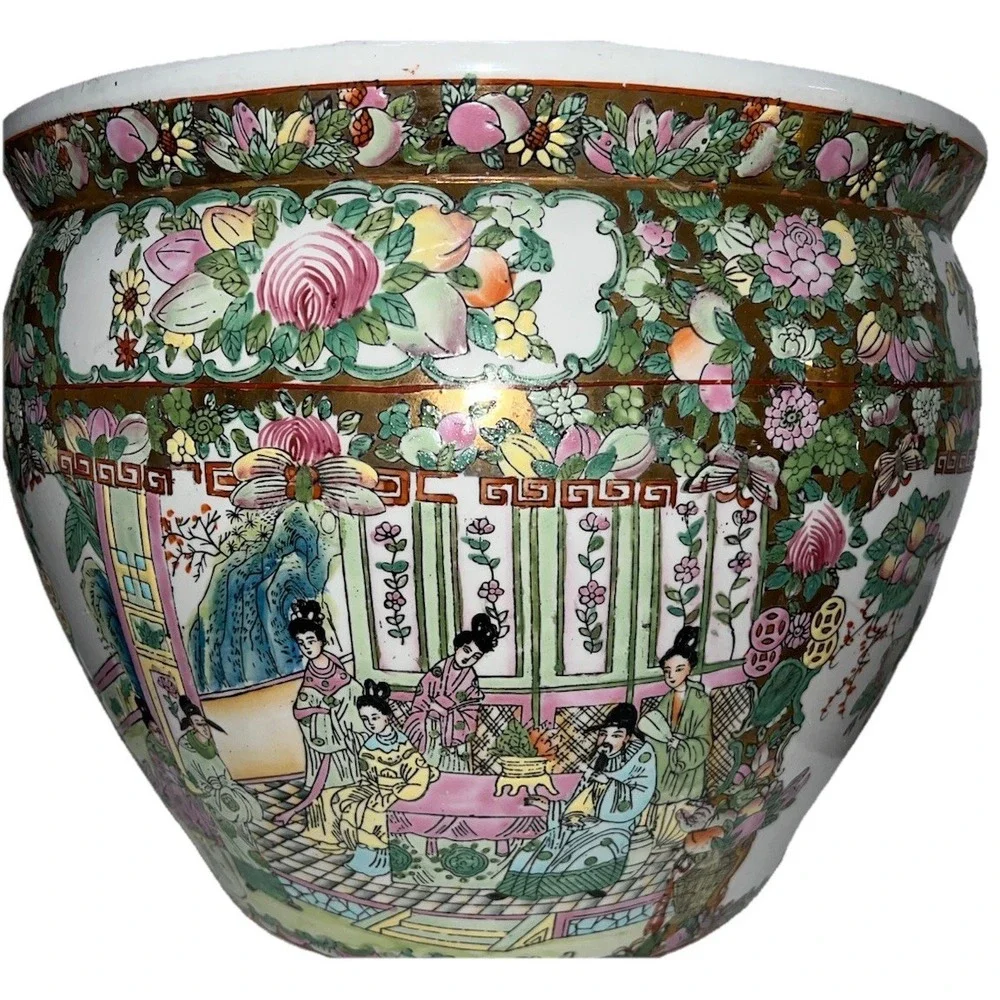 (..30)Huge Vintage Chinese Porcelain Enamel Famille Rose Koi Fish Bowl Planter